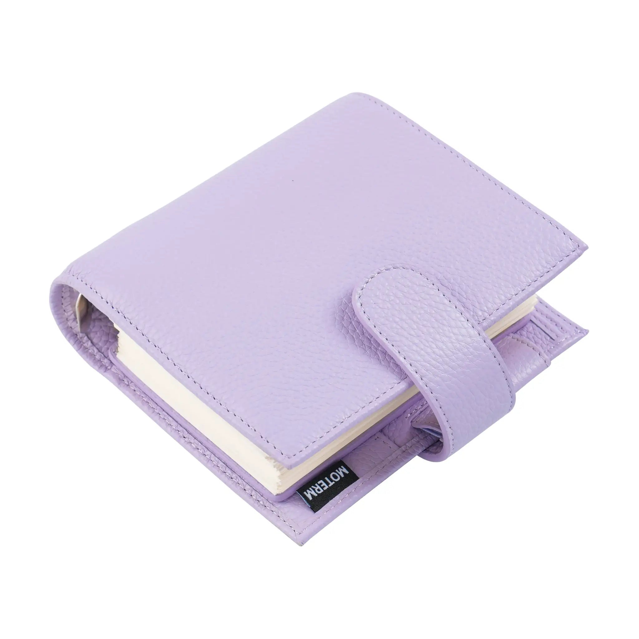 Pocket planner in purple pebbled leather with strap closure