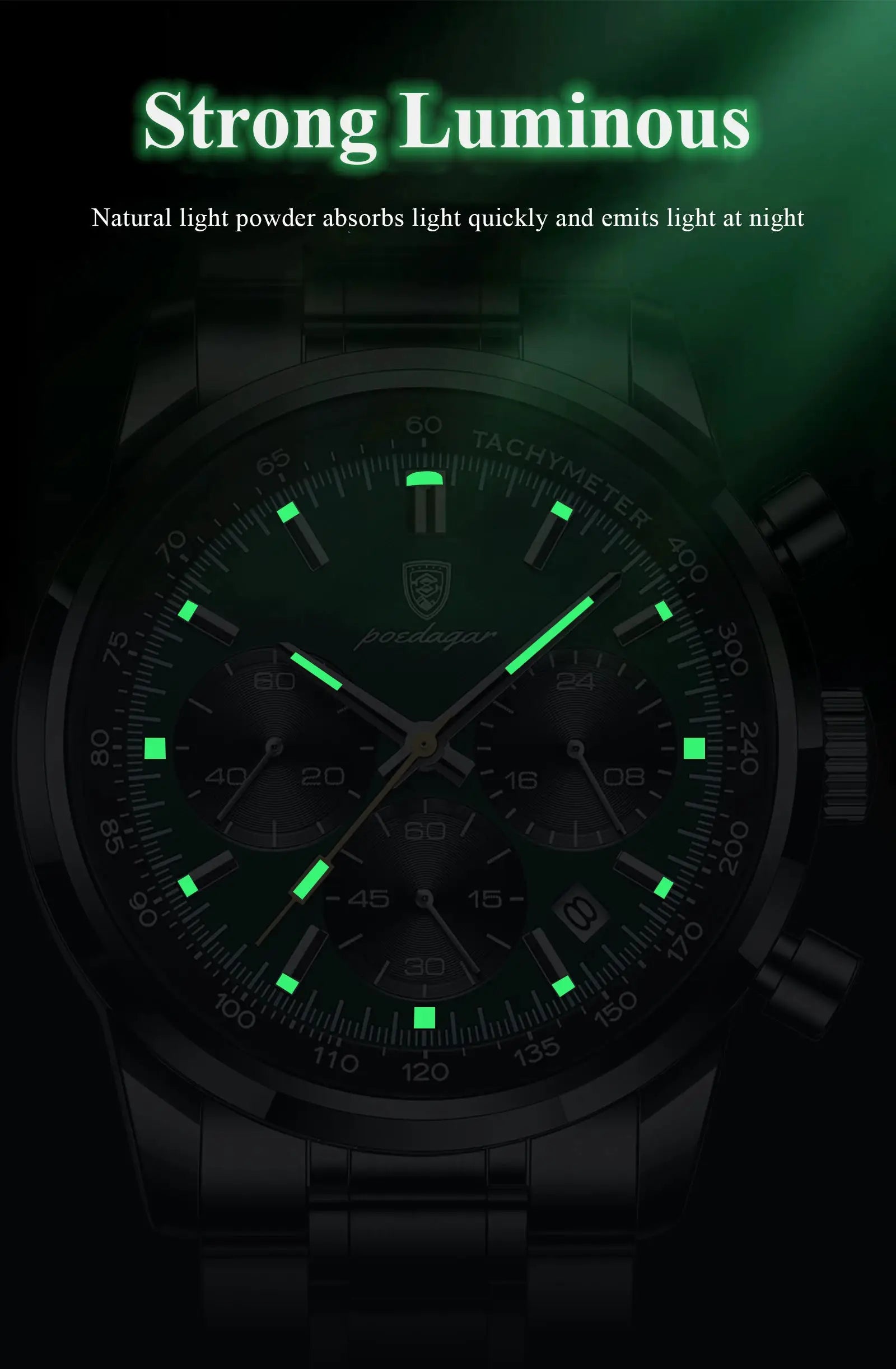 POEDAGAR luxury men's quartz chronograph watch with stainless steel band and luminous green markers