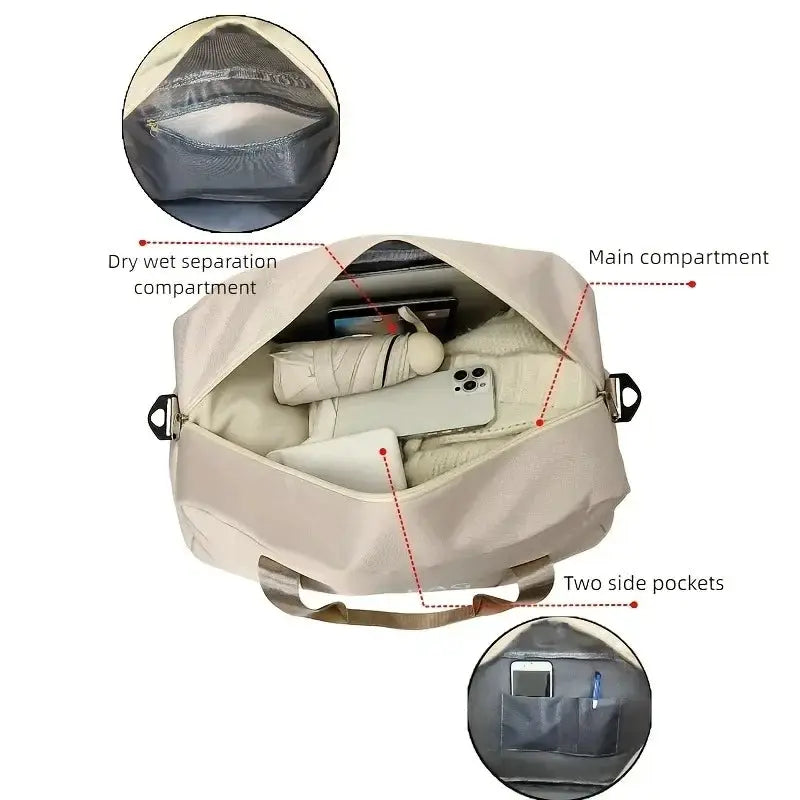 Travel duffle bag by Simples Market, beige with adjustable strap, main compartment, dry separation, and two side pockets