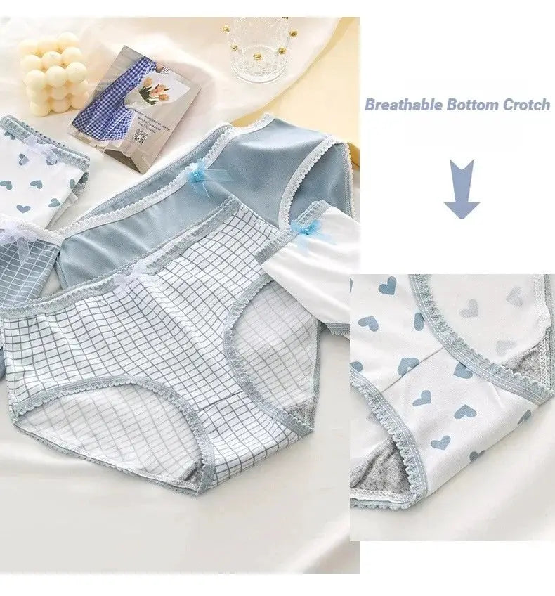 5pcs women's soft briefs set from Simples Market in blue plaid/grid prints with lace trim for breathable daily comfort