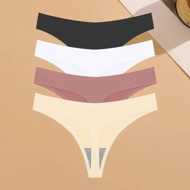 Simples Market 4-pack ultra-thin seamless thong underwear set in black, white, mauve, and beige.