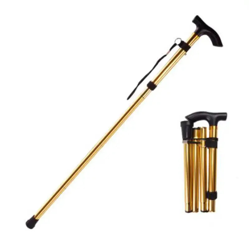 Telescopic walking stick, gold aluminum alloy trekking pole with foldable sections and black handle