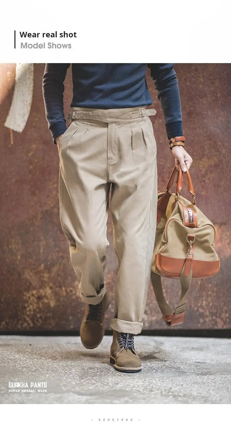 Maden Vintage Khaki Gurkha pants with adjustable high waist, cargo-style straight trousers by Simples Market