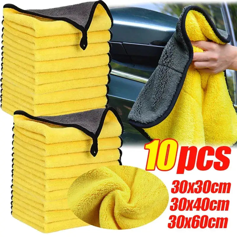 Simples Market car wash towels set, yellow microfiber cleaning cloths with gray edges, 10 pcs, sizes 30x30/40/60 cm