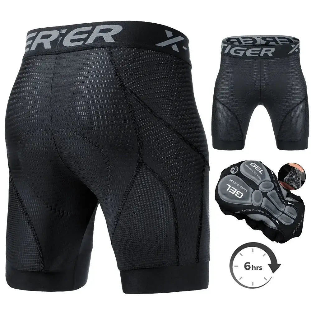 X-TIGER men's cycling shorts with 5D padded liner, black breathable fabric and anti-slip leg grips