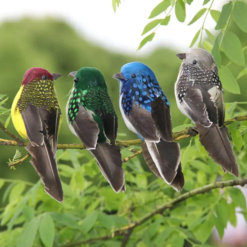 Simples Market artificial feather bird garden decoration: 4 colorful foam sparrow birds perched on a branch