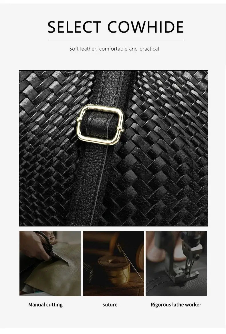Black woven cowhide handbag with gold-tone buckle, casual versatile women's purse for daily commuting