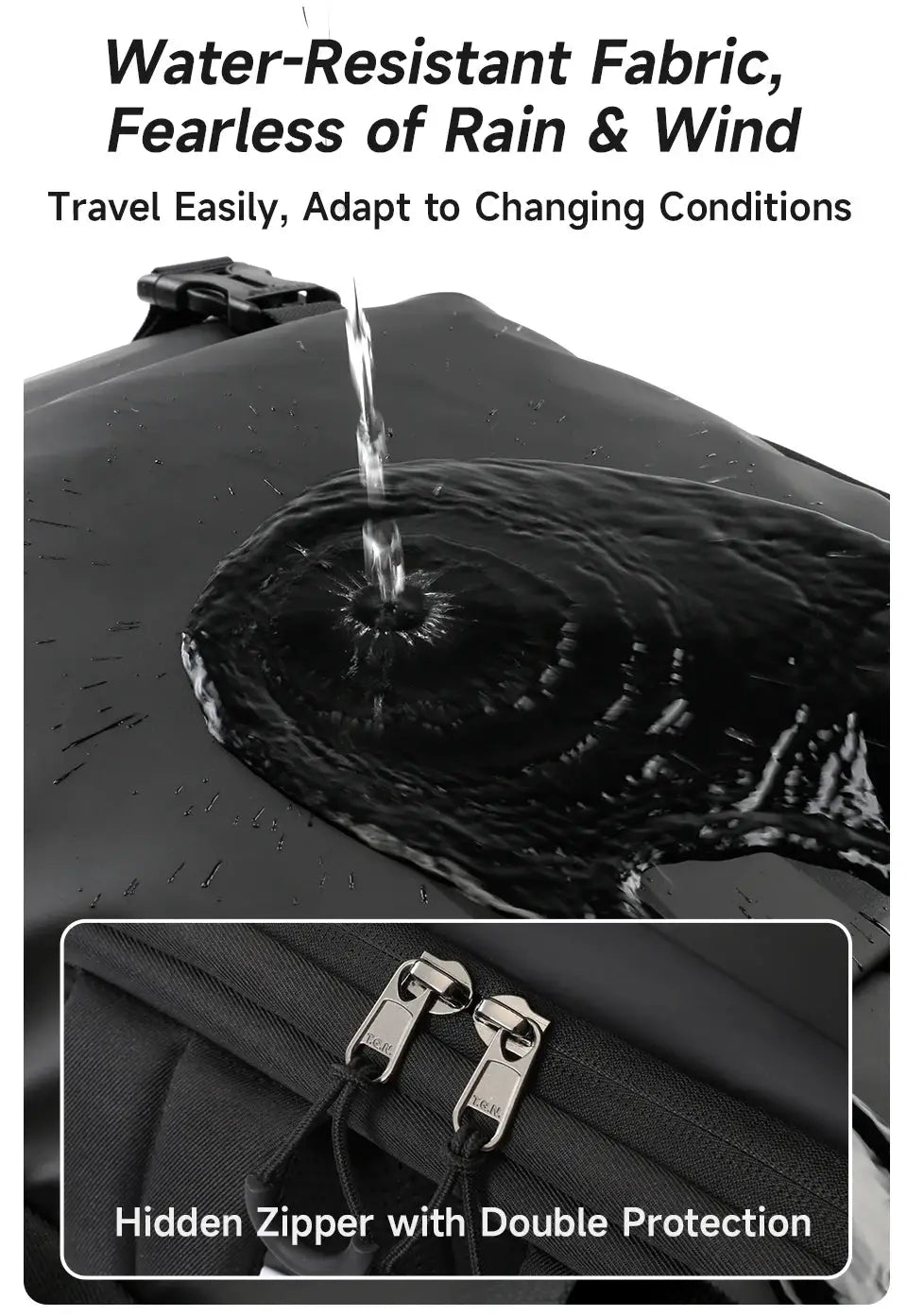 Tigernu travel backpack, expandable, black TPU waterproof fabric with hidden zipper and double protection