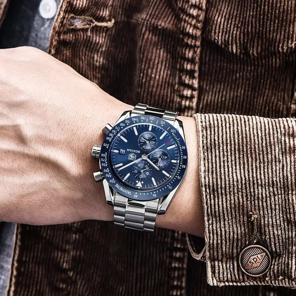 Men's BENYAR stainless steel watch with blue dial, chronograph subdials and tachymeter bezel.