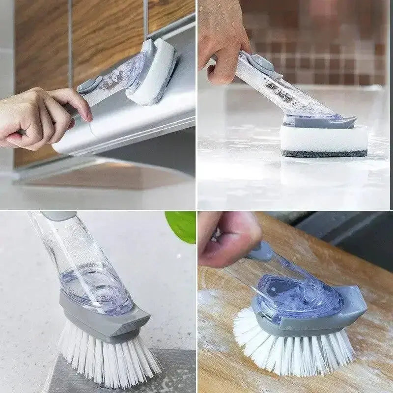 Simples Market refillable liquid soap-dispensing dish cleaning brush with long handle and sponge head, white/gray.