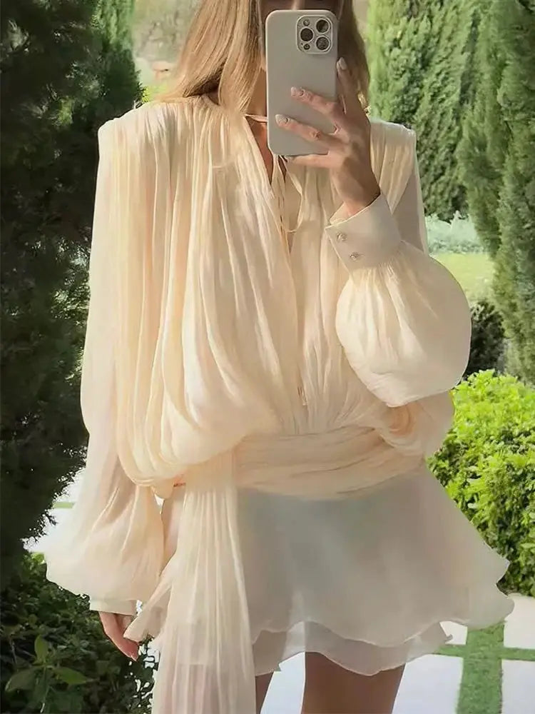 Twotwinstyle Solid Blouse Mini Dress For Women V Neck Long Sleeve Lace
