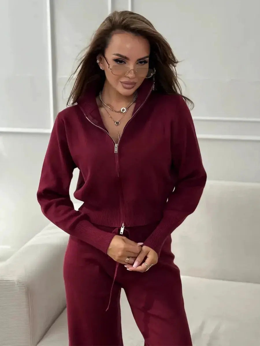 Bornladies Knit Zip Up Cropped Cardigan With Wide Leg Pants Set Women