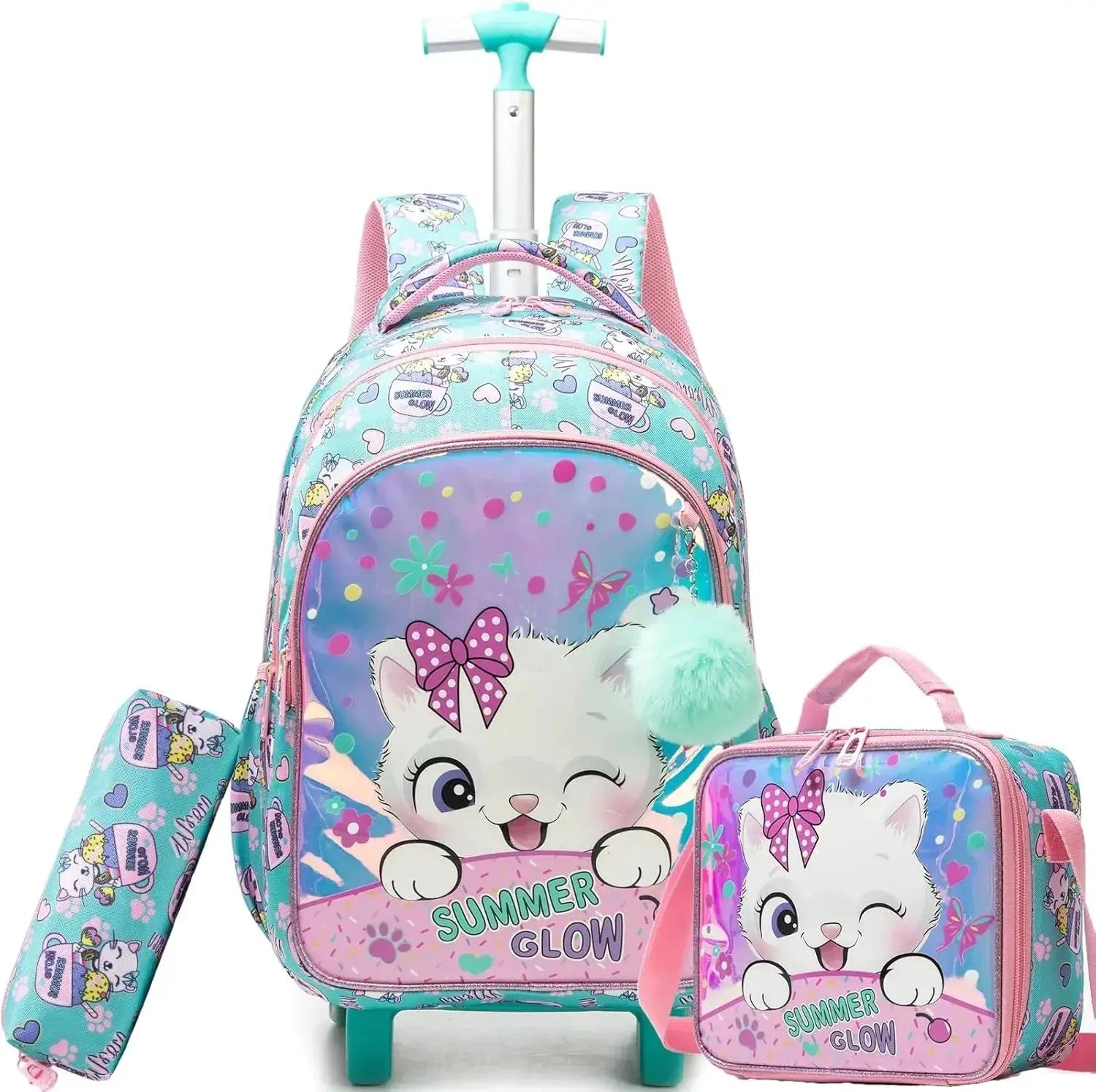 Simples Market children's wheeled backpack set with lunch box; turquoise and pink cat-print design for girls.