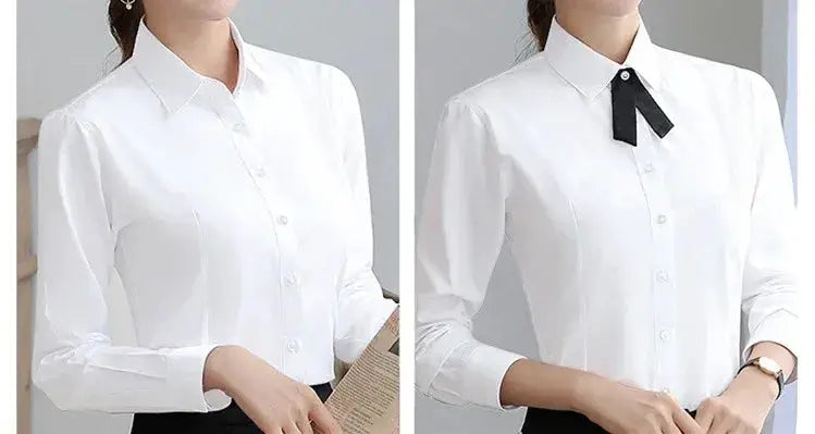 Two white women's long-sleeve blouses; button-down shirts, one plain and one with a black necktie bow.