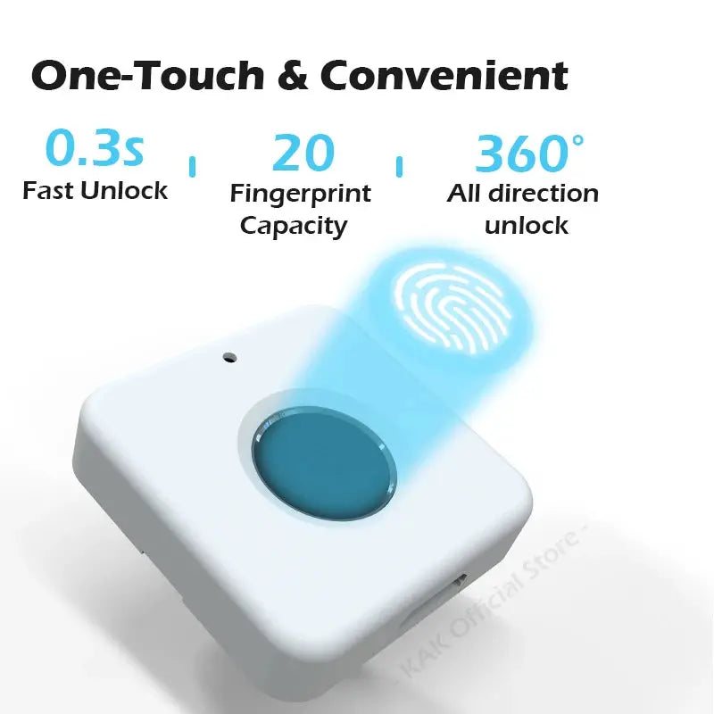 KAK biometric fingerprint lock by Simples Market, white drawer lock with blue circular fingerprint scanner