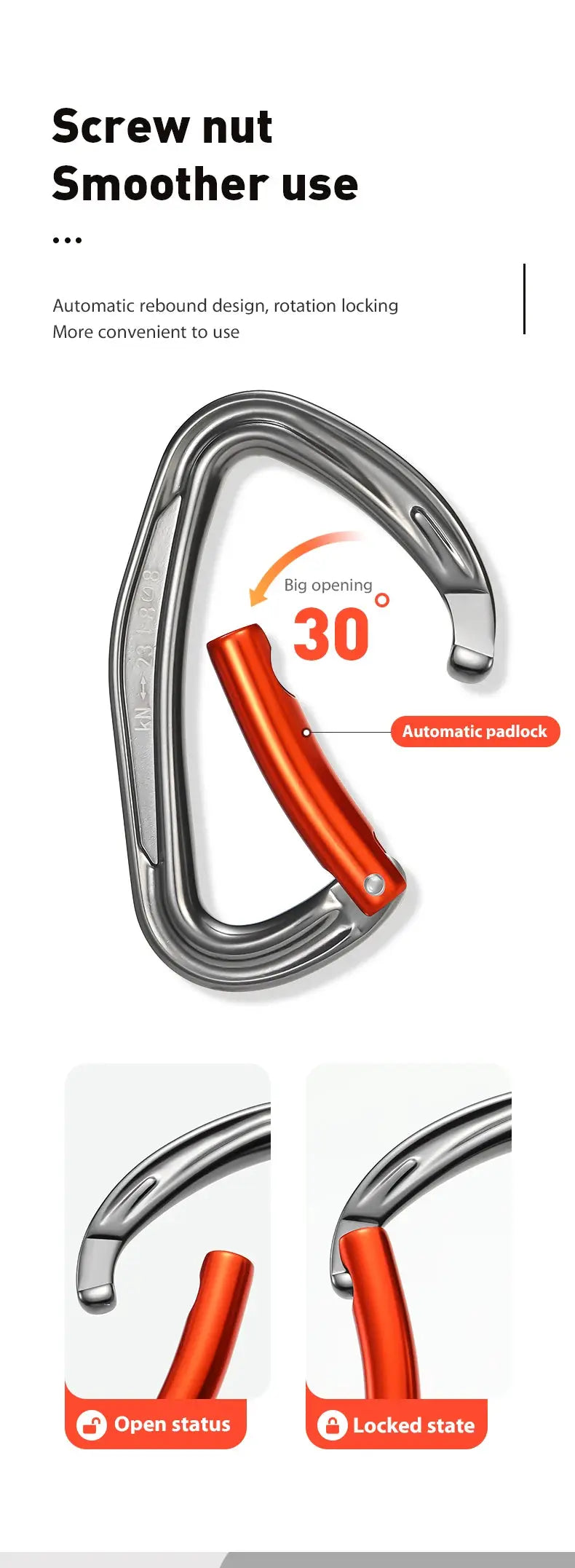 Simples Market CLIWIZ SGM7118 curved D climbing carabiner with orange auto-lock sleeve, 23kN, 7075 aluminum