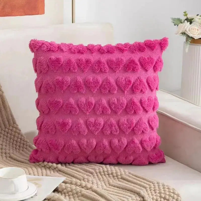 Throw pillow cover pink plush heart-pattern by Simples Market for sofa decor