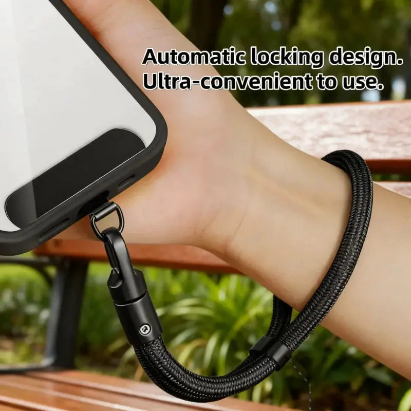 Mobile phone wrist strap, black braided lanyard with metal clasp for secure anti-lost grip