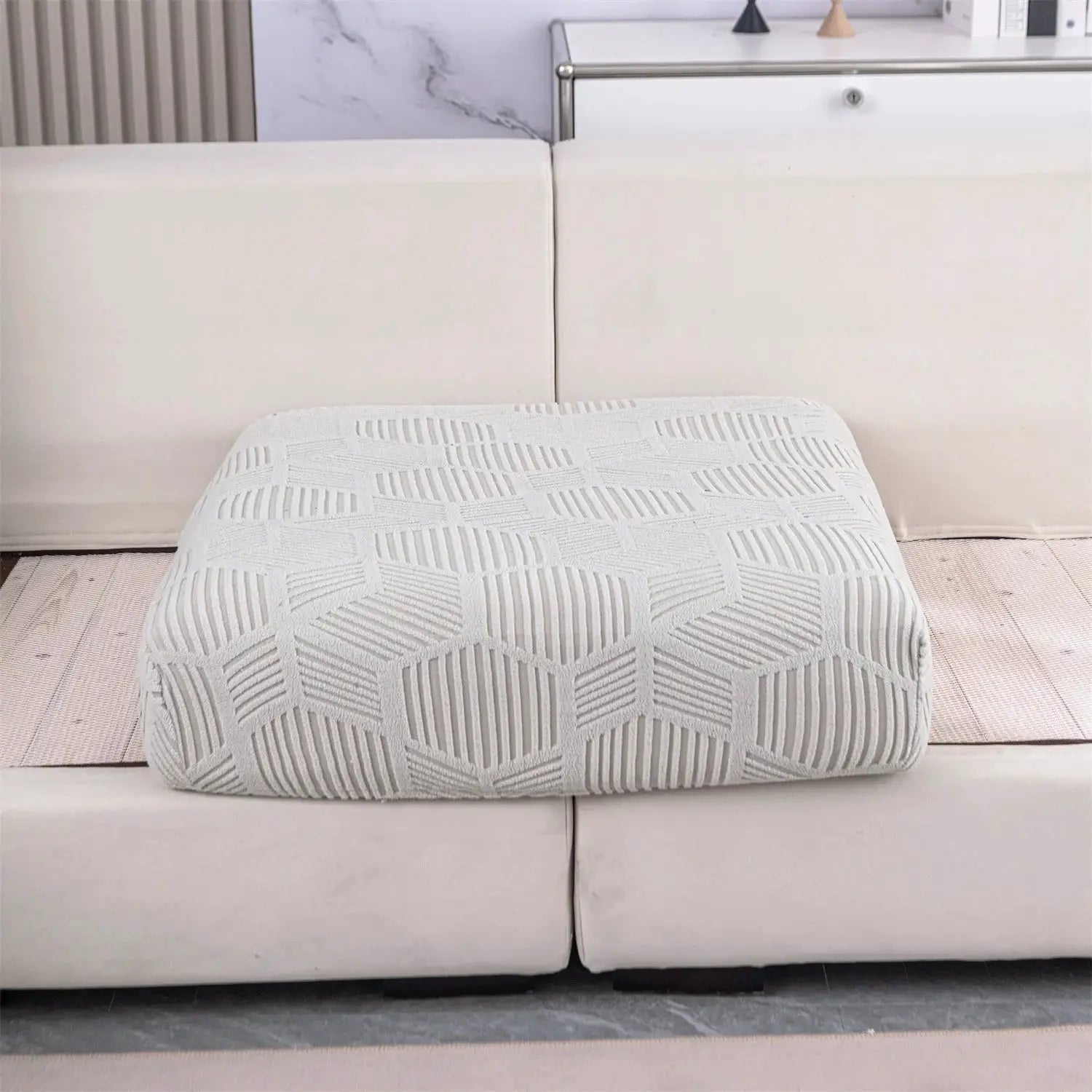 Simples Market 1Piece Peism jacquard stretch sofa cover cushion cover with geometric pattern in light beige on cream sofa