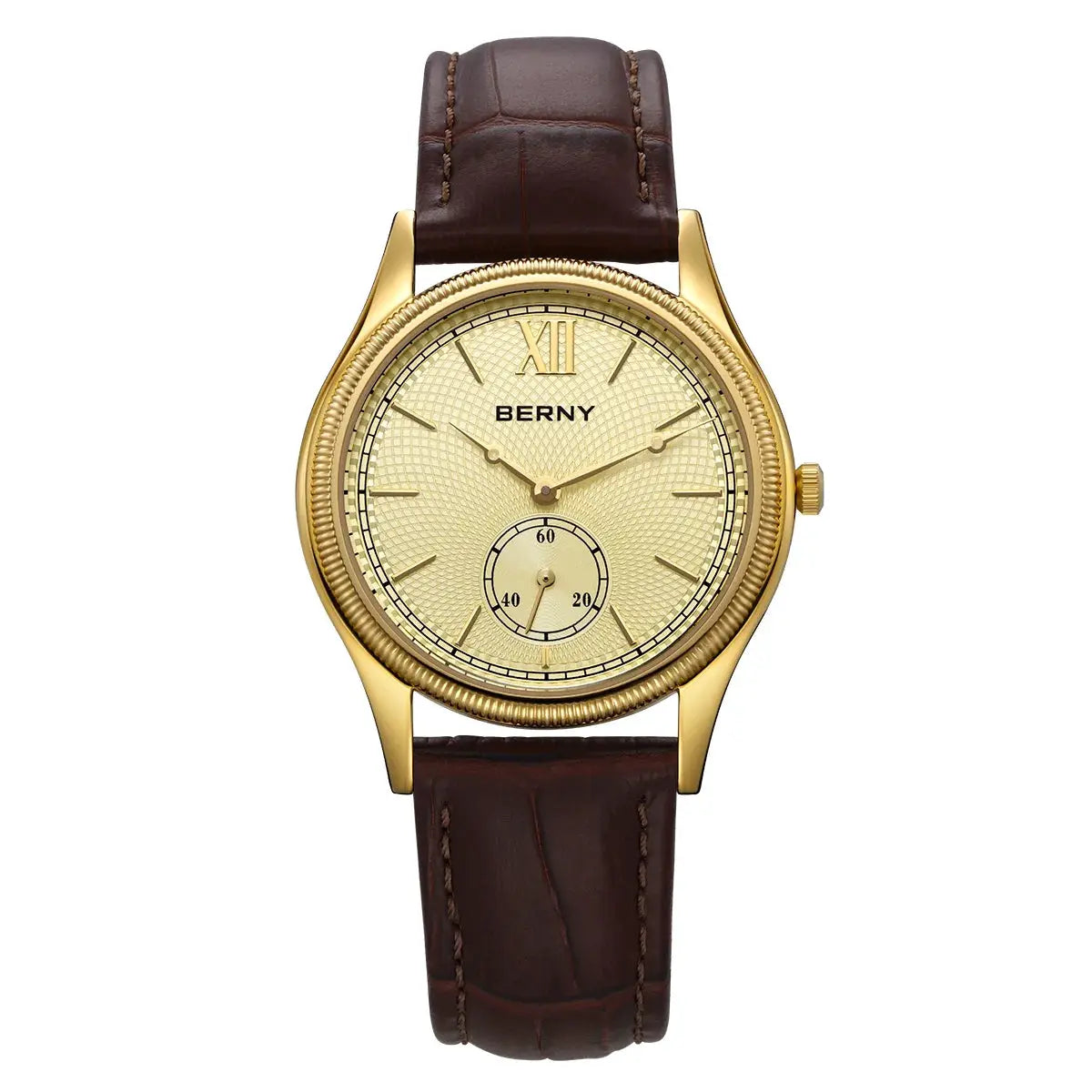 BERNY gold-tone men's dress watch with textured champagne dial and brown leather strap
