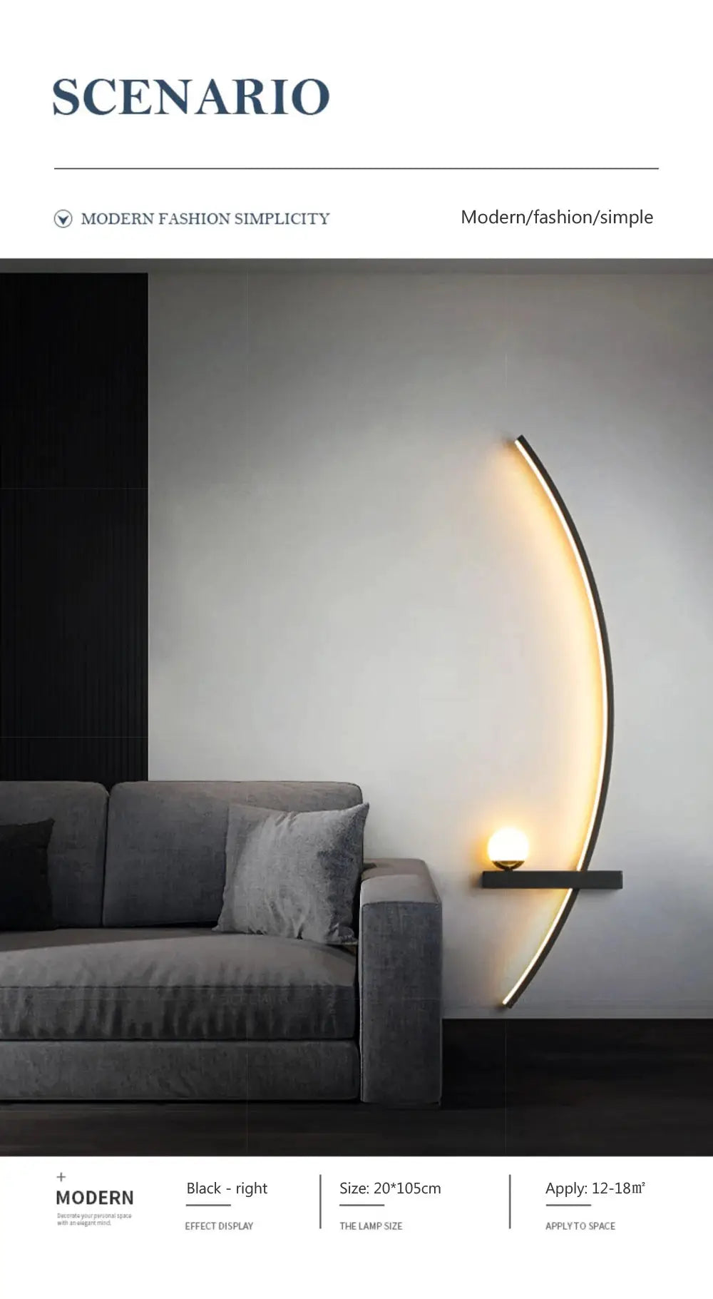 LED wall lamp black arc, 105cm length with warm glow for living room or bedroom.