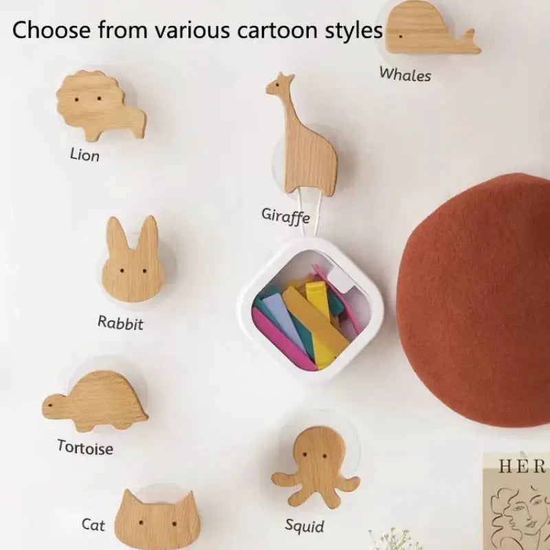 Wooden animal wall hooks set for kids' room; natural finish, 7 pieces: lion, whale, giraffe, rabbit, cat, squid