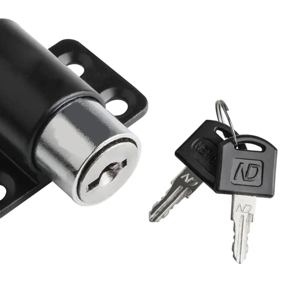 Sliding door lock set with 2 keys; black housing, aluminum alloy latch, ND-brand keys