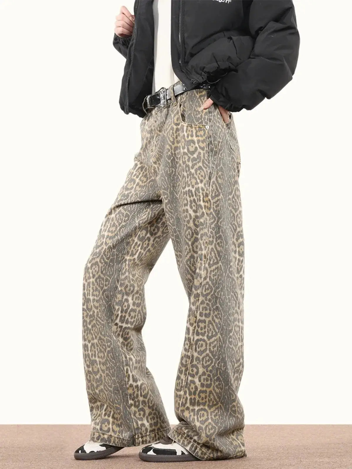 Baggy Wide Leg Jeans Women High Waisted Leopard Print Y2K Denim