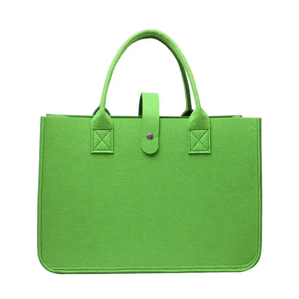 Lime green felt tote bag with two handles and a front strap closure, large capacity women's handbag