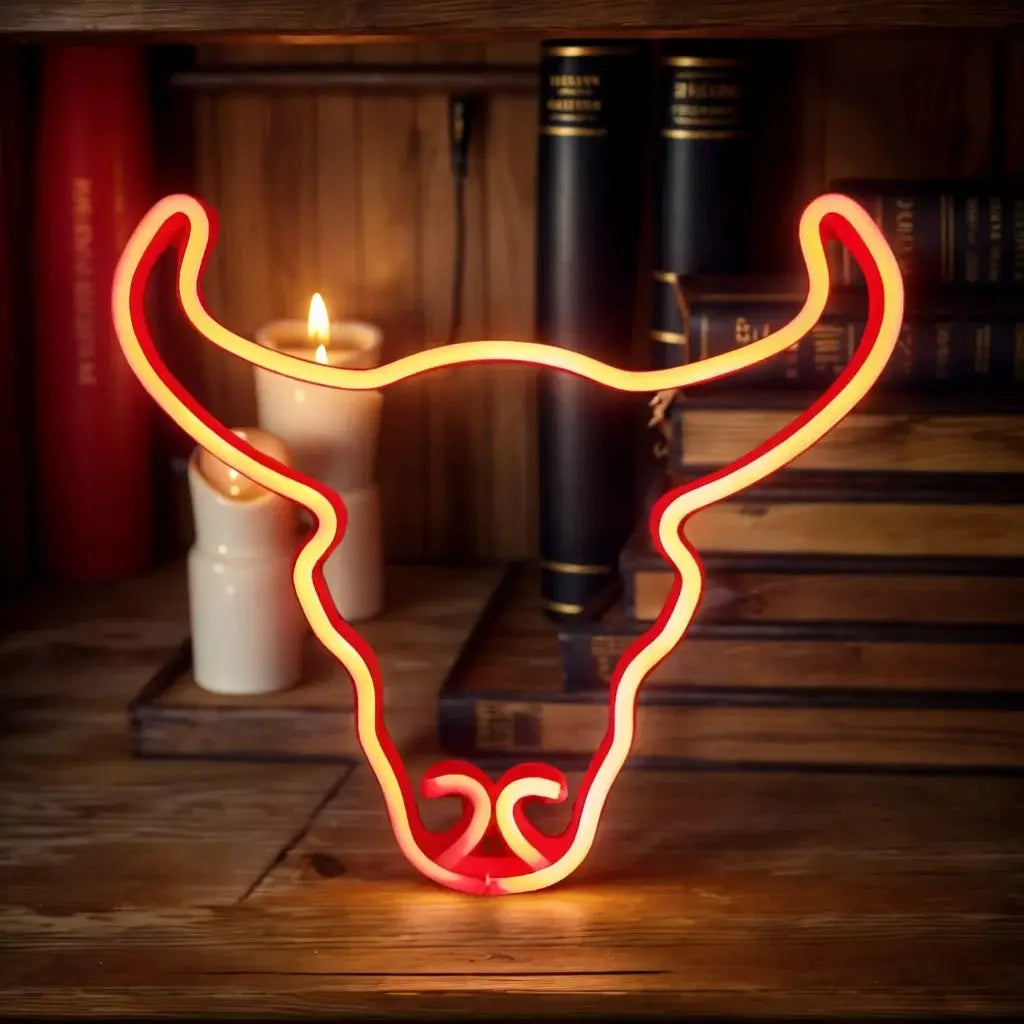 Simples Market decorative neon bull head wall light with red glow, USB or battery powered