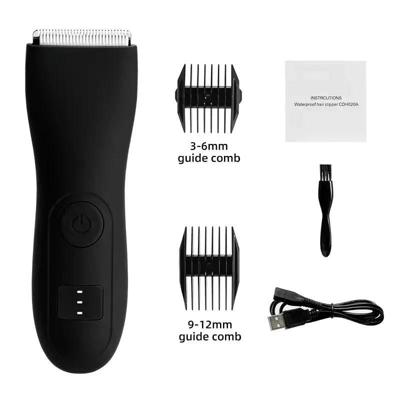 HOMEFISH Body Hair Trimmer, black cordless groomer with two guide combs (3–6mm and 9–12mm) and USB charging cable.