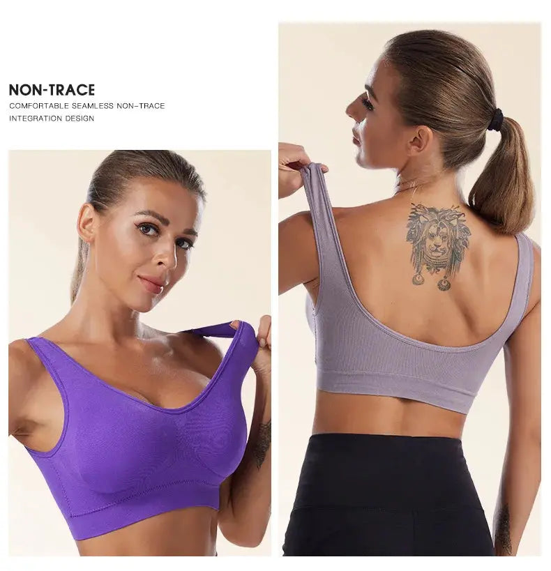 Plus-size wireless seamless bra, non-underwire, purple front and lavender back view