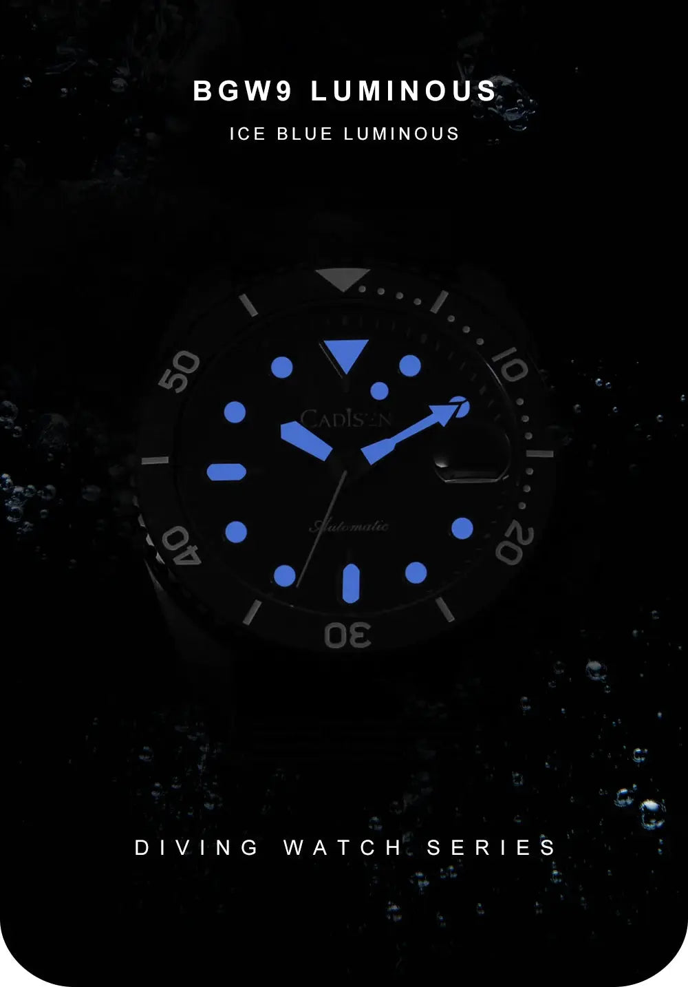 Cadisen automatic luminous men's wristwatch with blue lume, ceramic bezel, sapphire glass