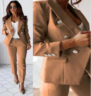 Women's tan 2-piece office blazer suit with V-neck long-sleeve blazer and matching trousers