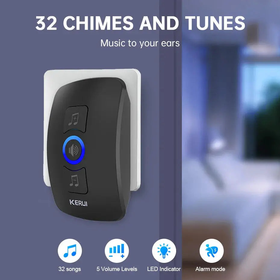 KERUI wireless outdoor doorbell with black front panel, blue LED ring, and white backplate.