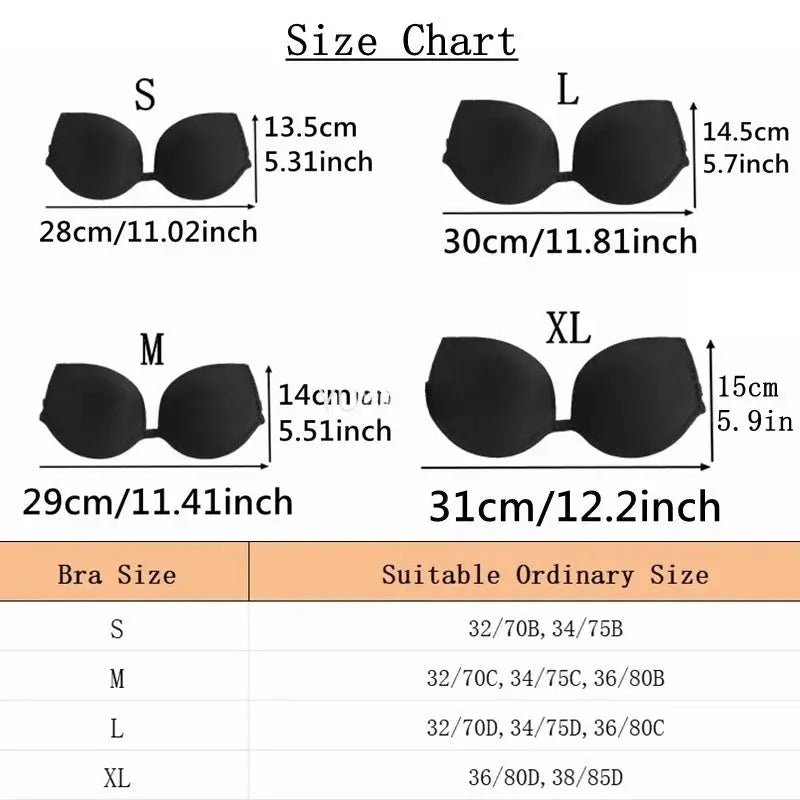 Multiway backless strapless push-up bra, black; size chart with four sizes S, M, L, XL and cm/in measurements.