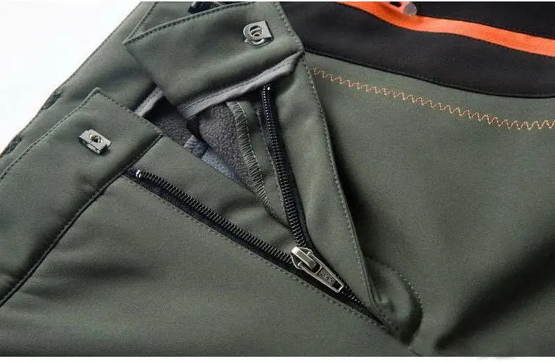 JNLN thick warm fleece hiking pants, olive green with a visible zipper fly for outdoor wear