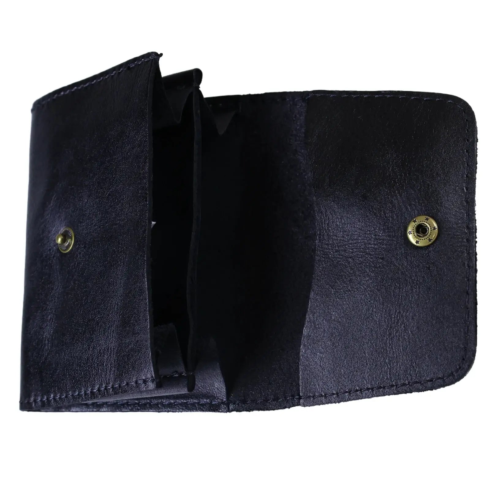Genuine dark navy cowhide leather compact wallet with brass snaps; card holder