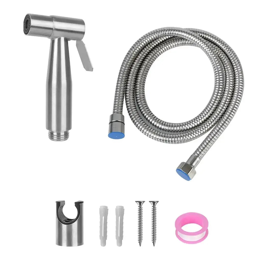 Stainless steel handheld bidet sprayer with flexible hose and mounting hardware.