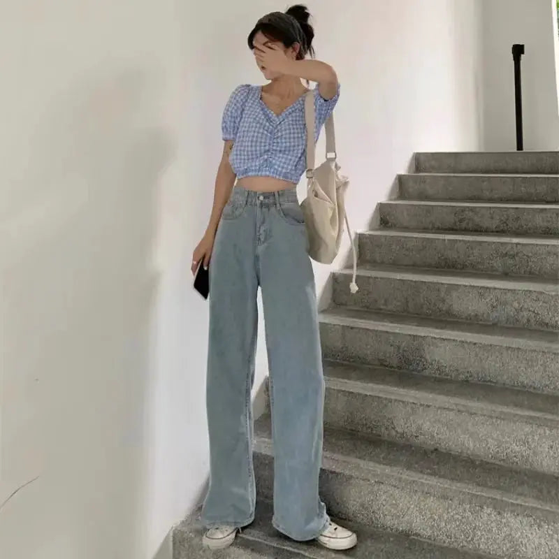 Women Vintage Wide Leg Denim Jeans All Season Casual Trousers