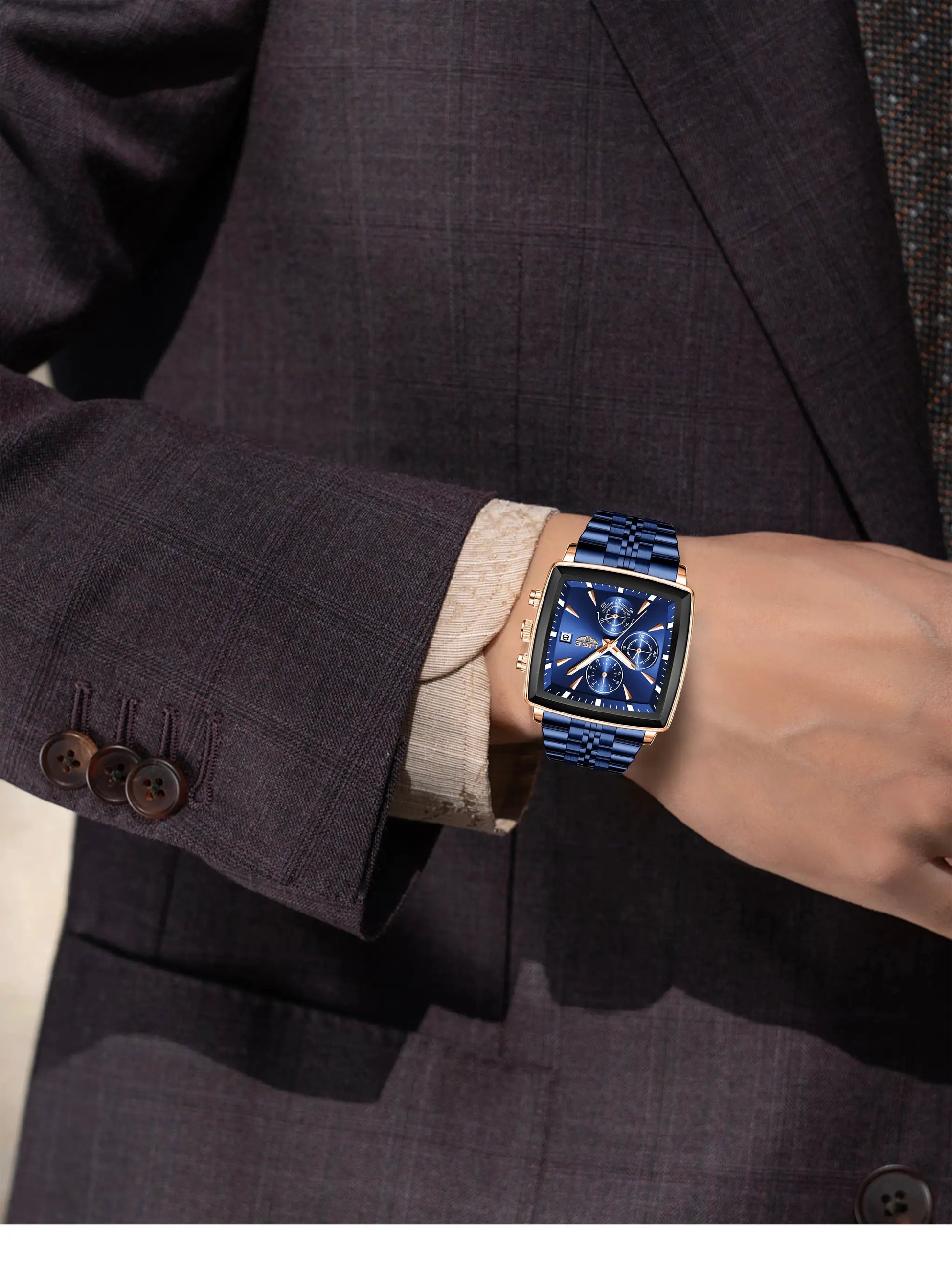 LIGE men's square-dial stainless steel watch with blue band and gold-tone case, chronograph style