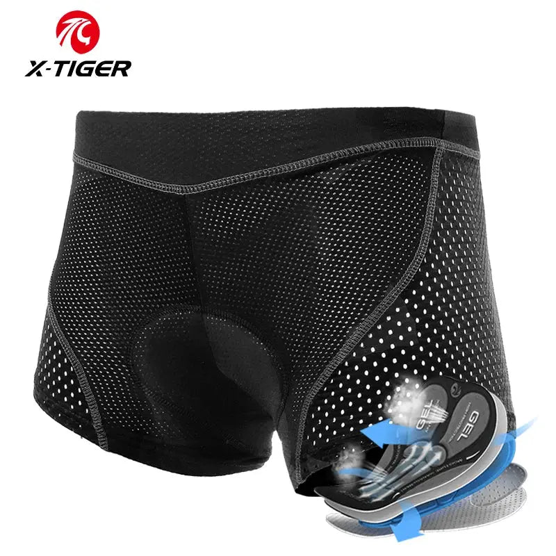 X-TIGER men's cycling underwear with 5D gel cushion, black mesh boxer shorts