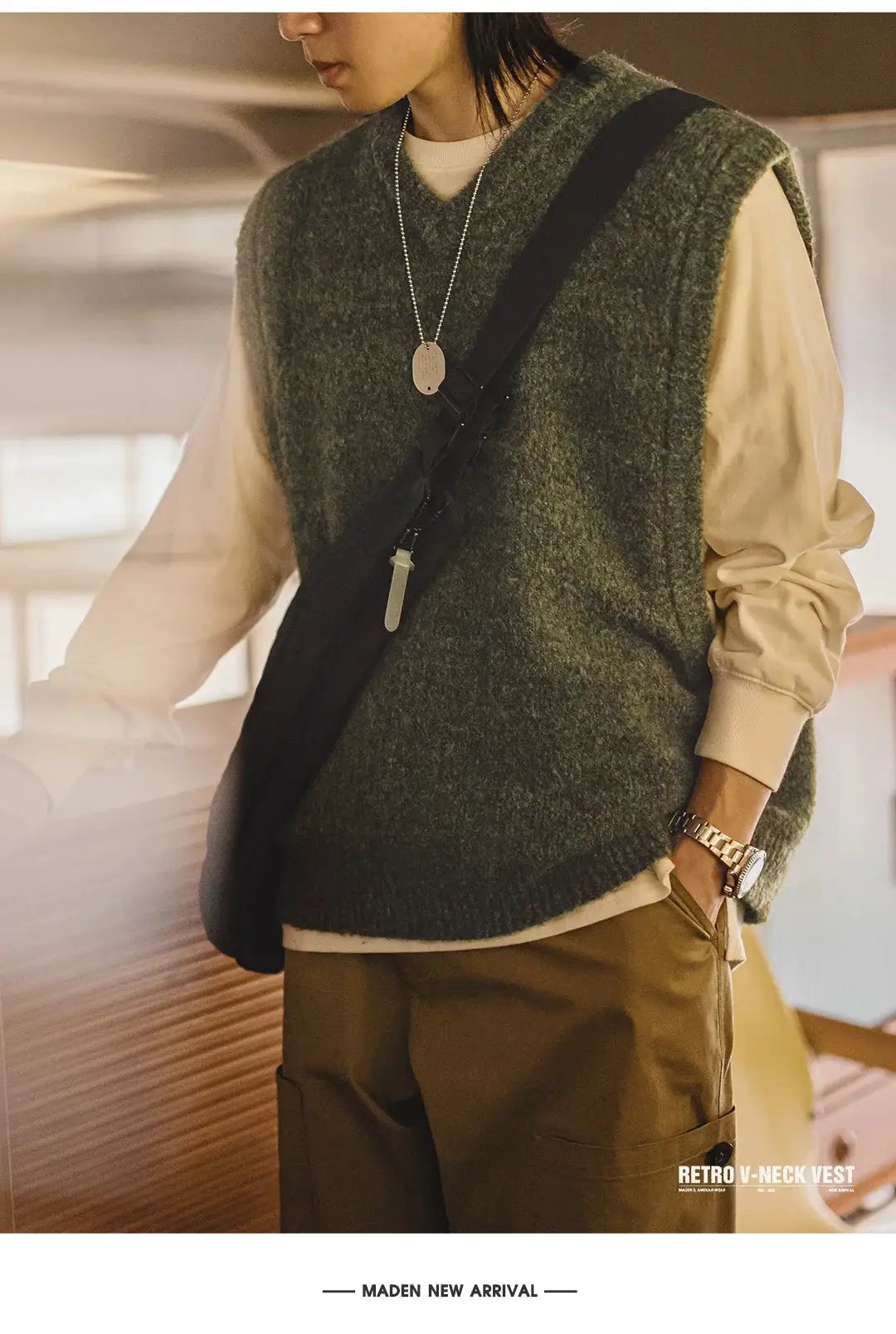 Maden retro wool-blend knitted V-neck vest for men in dark green, layered over a beige shirt