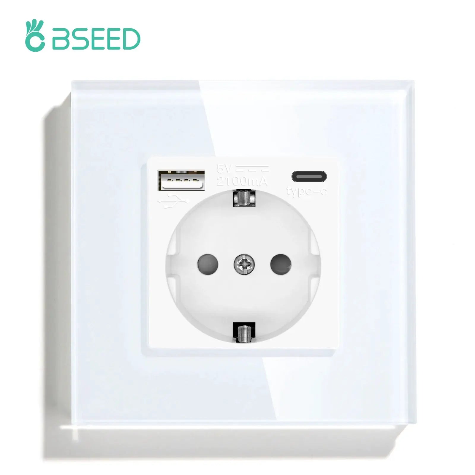 Wall socket by BSEED with USB-C port on glass panel
