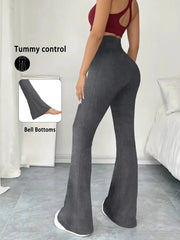 Women's tummy-control flare pants by Simples Market in dark grey speckled fabric; high-waisted bell bottoms.