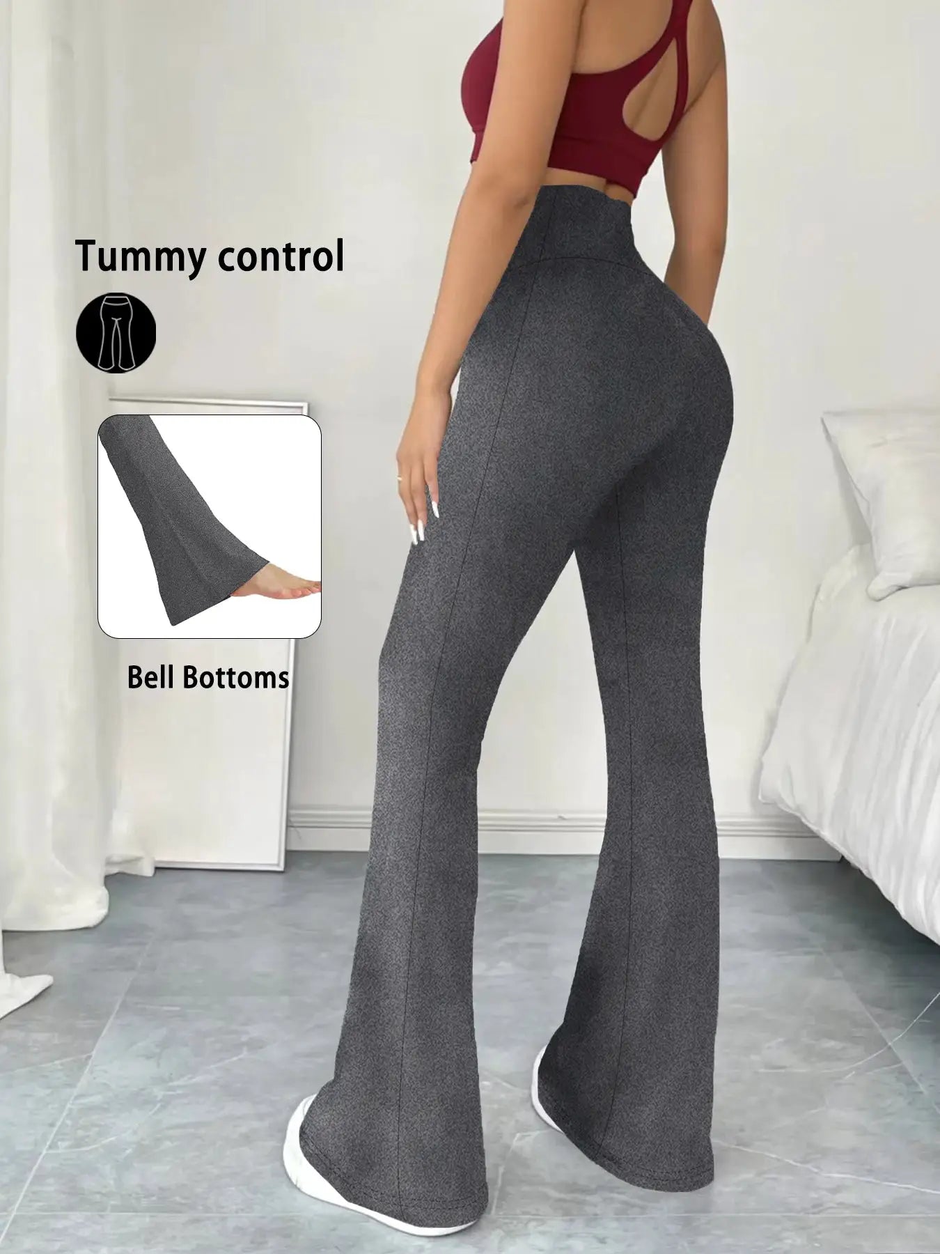 Women's tummy-control flare pants by Simples Market in dark grey speckled fabric; high-waisted bell bottoms.