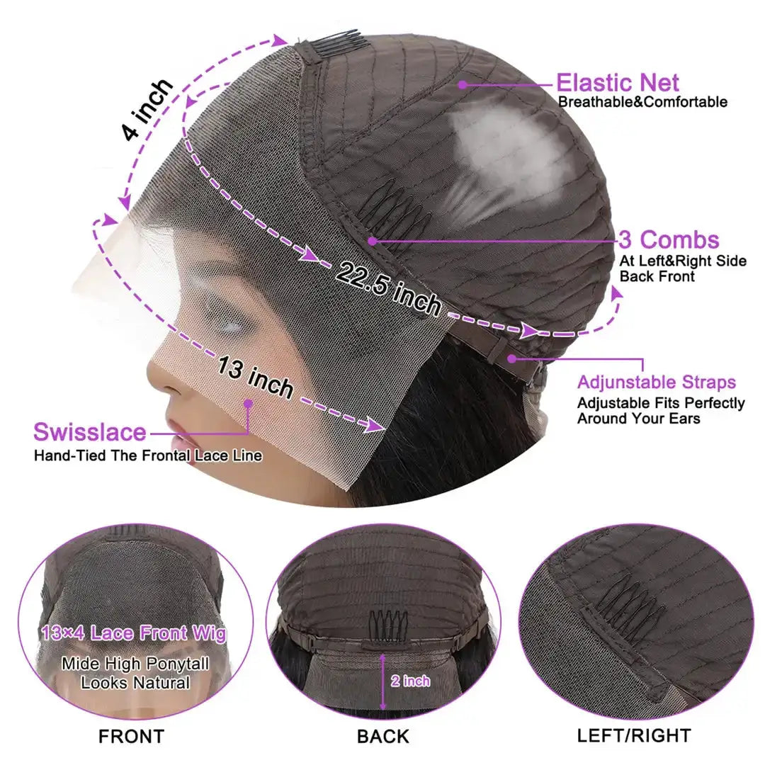 Natural Black 13x4 Lace Front Wig Brazilian Human Hair Body Wave Pre Plucked 180 Percent Density Lace Frontal