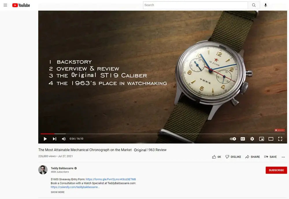 Red Star 38mm men's chronograph watch with white dial, gold numerals, and green NATO strap.