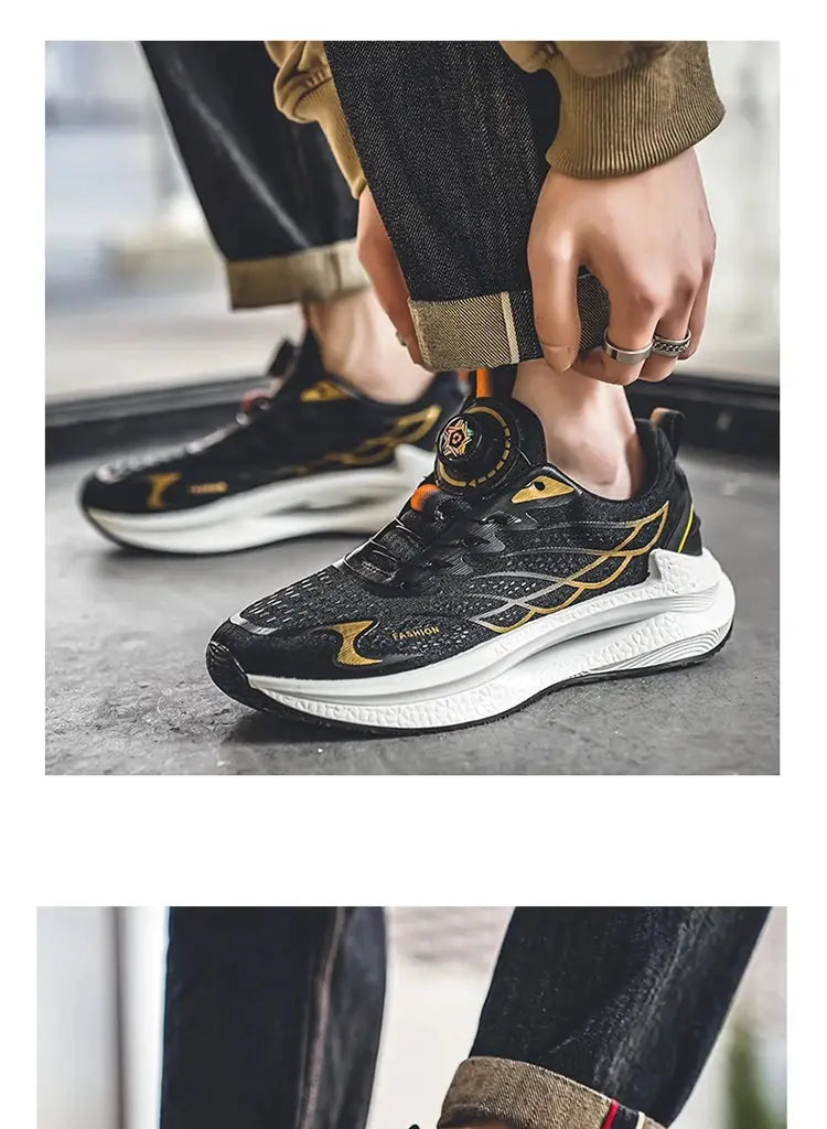 Summer breathable casual sports shoes for men, pair, by Simples Market, black and gold mesh with rotating buckle