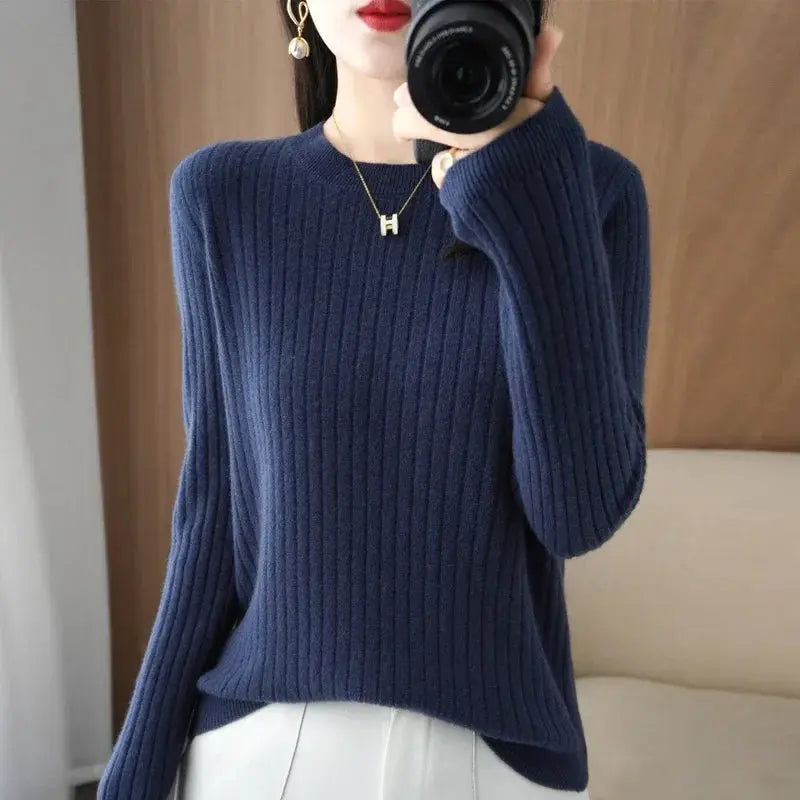 Aurora Knitwear Warm O Neck Stripe Loose Fit Sweater For Autumn Winter Layering Cozy Knit